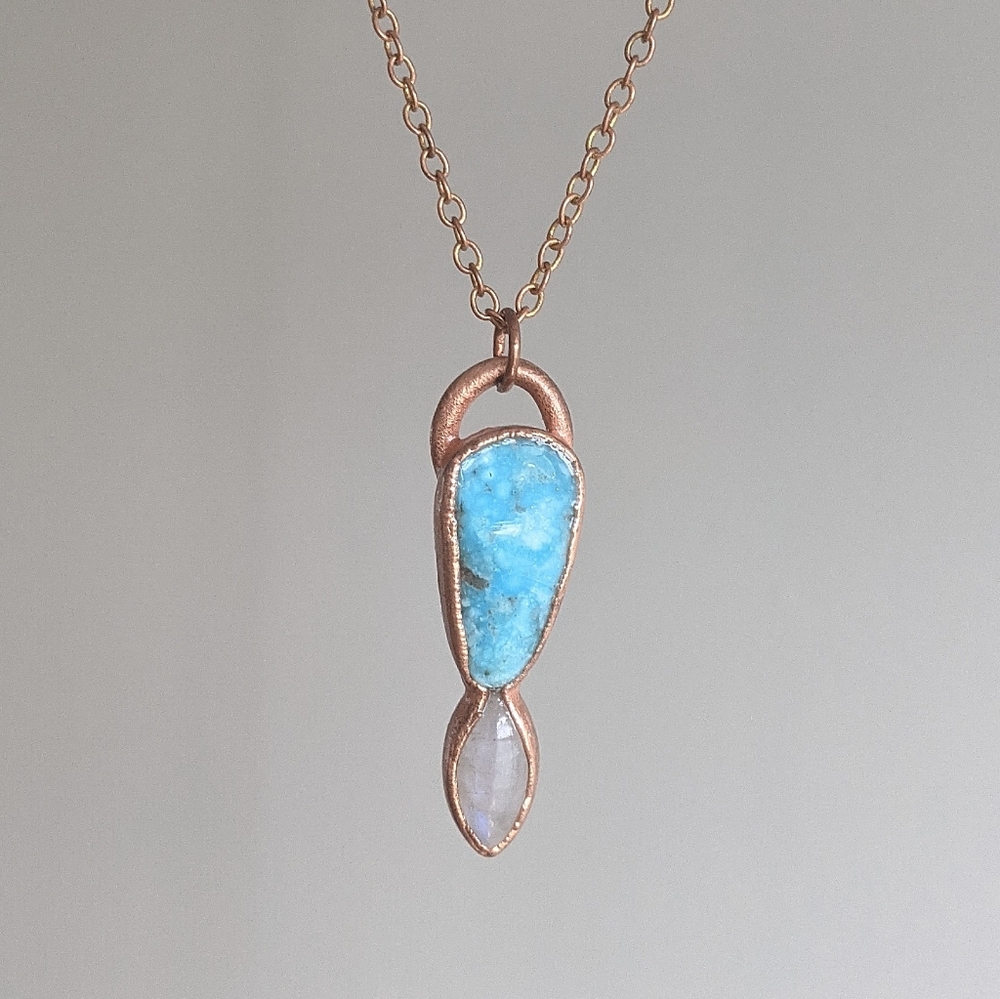 Turquoise and Rainbow Moonstone Copper Necklace